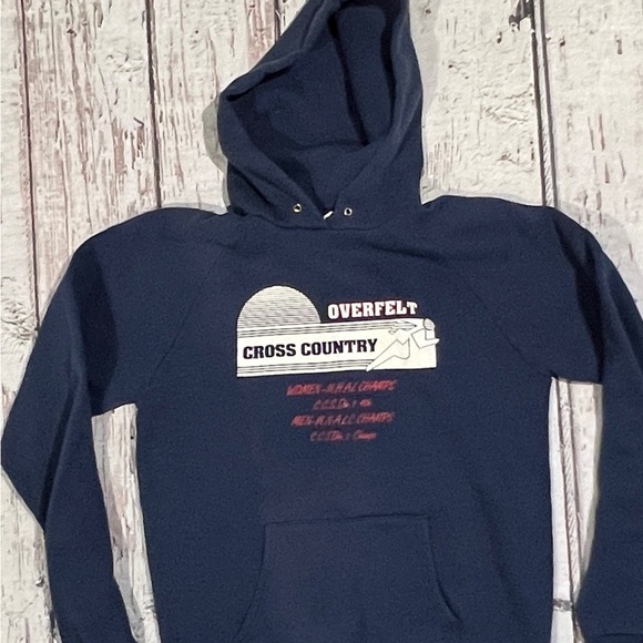 Vintage Overfelt Cross Country Running 1980s Hoodie Blue 80s Sweatshirt - Picture 2 of 6